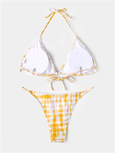 Print Halter Micro Bikini Triangle Spaghetti Straps String Backless Swimsuit With Thong TD Mercado