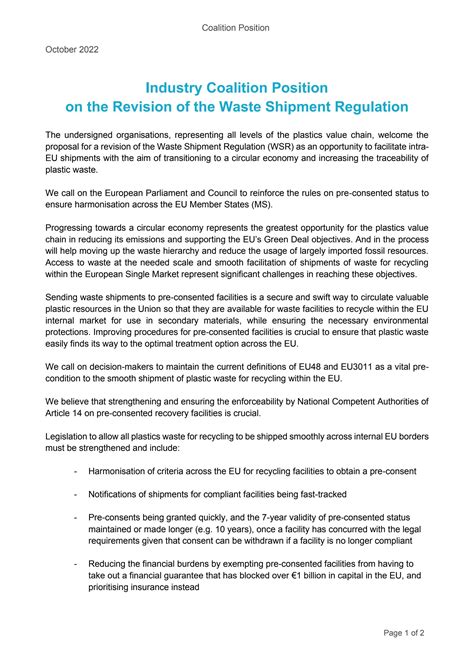 Industry Coalition Position on the Revision of the Waste Shipment