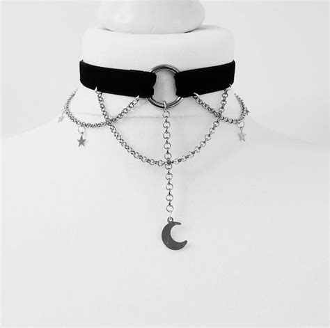 Black Crescent Moon Silver Stars Velvet Gothic Witch Wiccan Choker Necklace A6428 Etsy Moon