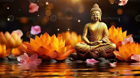 Buddha statue water lotus, Buddha standing on lotus flower on orange background. Generative AI ...