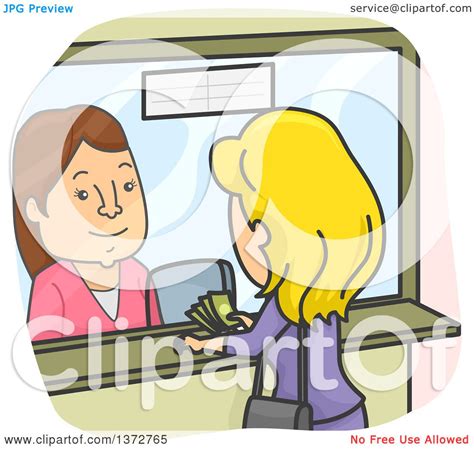 Clipart Of A Cartoon White Woman At A Money Transfer Stop Royalty