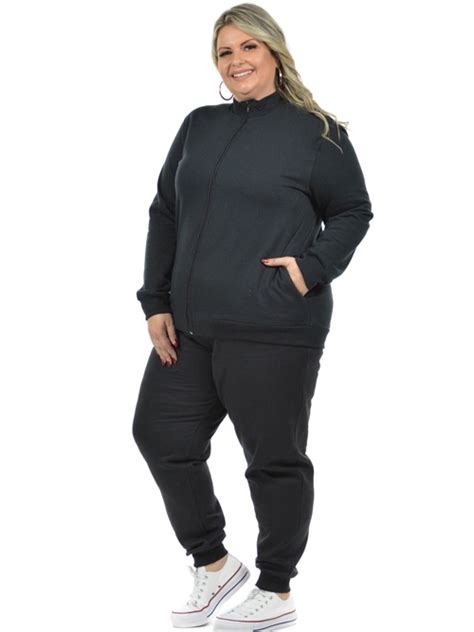 Conjunto Moletom Flanelado Plus Size Jaqueta E Cal A Punho Feminino