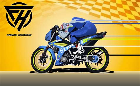 A Man Riding On The Back Of A Blue And Yellow Motorcycle In Front Of A