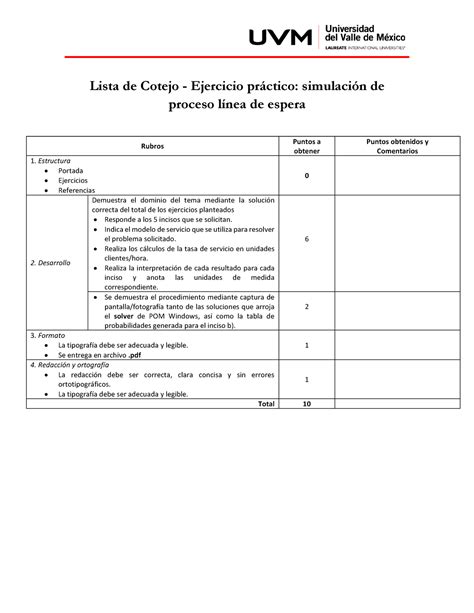 LC EJE 1 Lista de Cotejo Ejercicio prctico simulaciÛn de proceso