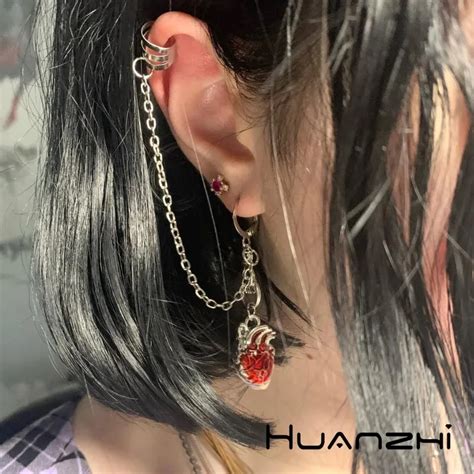 HUANZHI Hot Gothic Horror Red Heart Earrings Asymmetrical One Piece