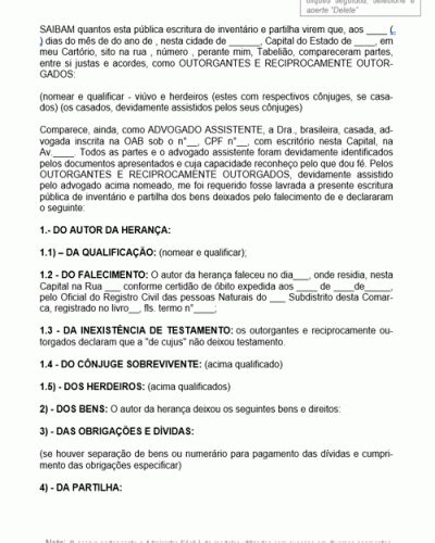 Referência de Contrato de Escritura Pública de Inventário e Partilha