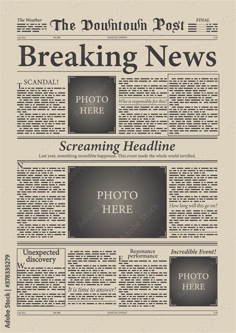 Old Newspaper Page, Breaking News Newsletter Template Stock Vector ...