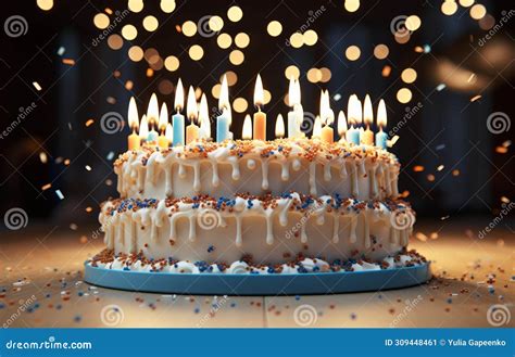 Birthday Cake With Many Candles Blue And White Stock Image Image Of