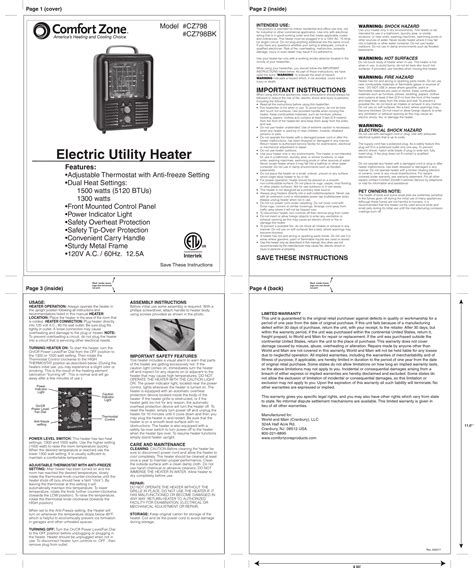 Comfort Zone Electric Utility Heater Cz798 Cz798bk User Manual