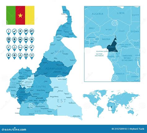 喀麦隆详细行政蓝图，国旗和地点在世界地图上 向量例证 插画 包括有 地理 标志 蓝色 国家（地区） 215720910