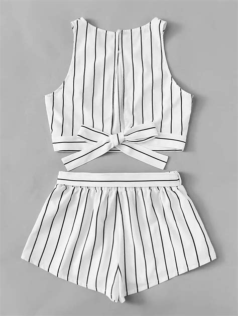 Vertical Striped Crop Top And Self Belt Shorts Set Shein Usa Belted