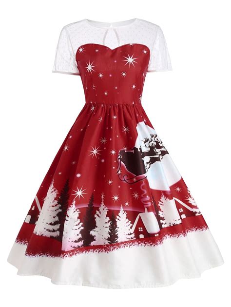 Santa Claus Deer Christmas Vintage Dress DARK RED M Vintage Dresses