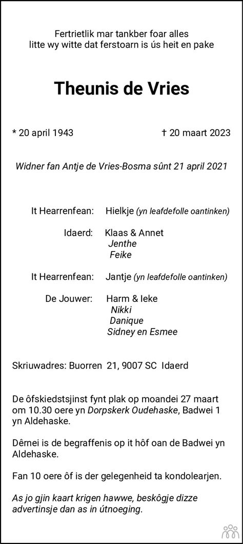 Theunis De Vries 20 03 2023 Overlijdensbericht En Condoleances