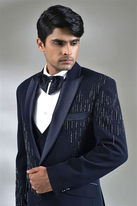 Buy Midnight Blue Cutdana Embroidered Italian Tuxedo Suit Online