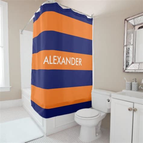 Pumpkin Orange Navy Blue Bold H Stripe 3 Monogram Shower Curtain Zazzle