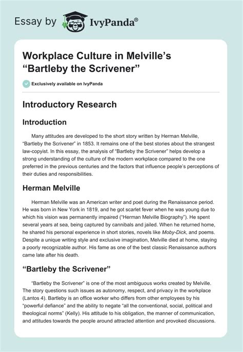 Workplace In Melvilles Bartleby The Scrivener 824 Words Essay