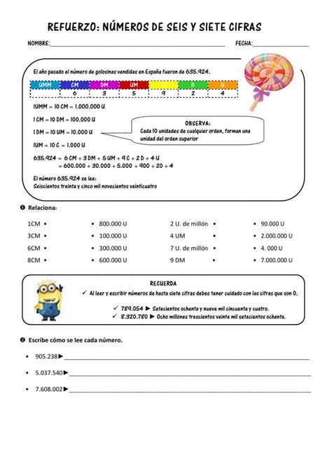 Números de seis y siete cifras worksheet