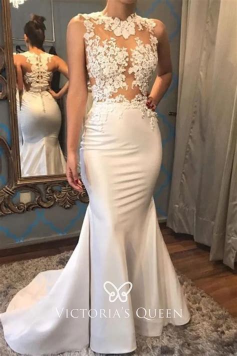 Long Mermaid Illusion Lace And Satin Ivory Prom Dress Vq