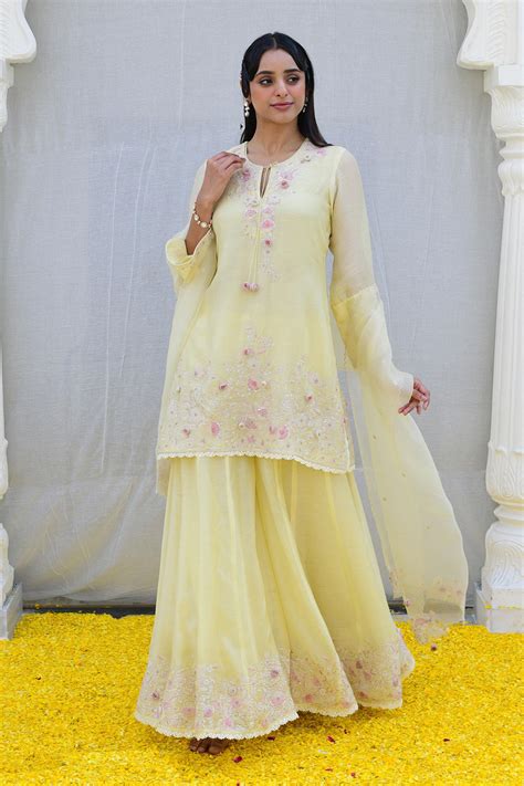 Buy Yellow Banaras Silk Base Embroidered Resham Round Kurta Sharara Set