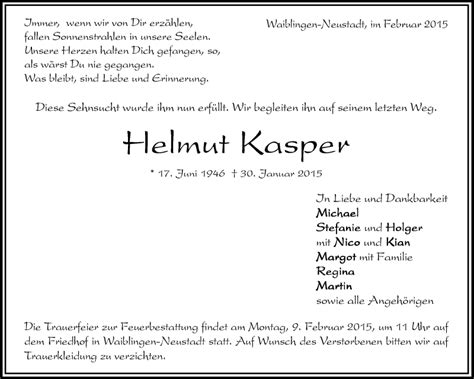 Traueranzeigen Von Helmut Kasper ZVW Trauer