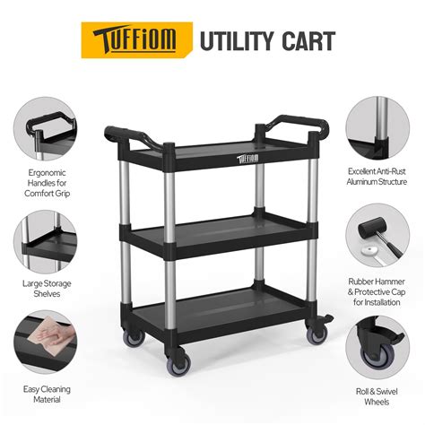 Tuffiom Tier Plastic Service Utility Cart With Wheels Heavy Duty