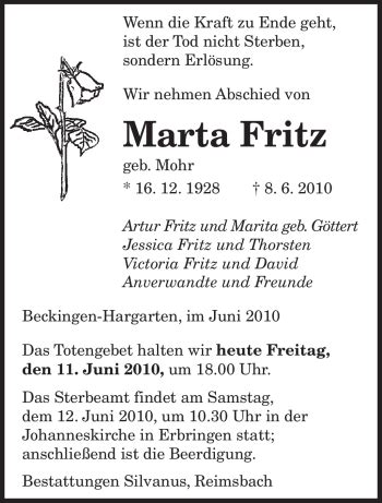 Traueranzeigen Von Marta Fritz Saarbruecker Zeitung Trauer De