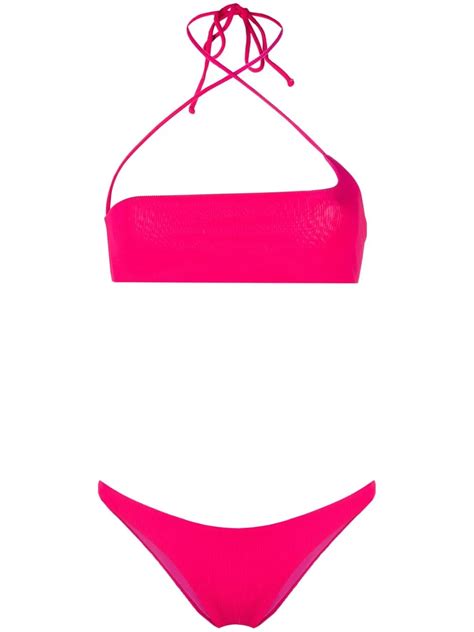The Attico Ribbed Halterneck Bandeau Bikini Pink Farfetch Uk