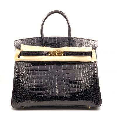 Hermes Birkin 35 Noir Black Porosus Lisse Shiny Gold Hardware A