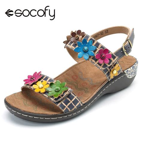 Socofy Genuine Leather Shoes Woman Bohemian Sandals Vintage Flower Hookandloop Slingback Sandals