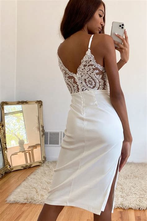 Sexy White Satin Dress Embroidered Lace Dress Lace Midi Dress Lulus