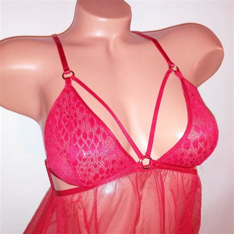 Victoria Secret Lingerie Babydoll Teddy Red Sheer Lace Strappy Flyaway