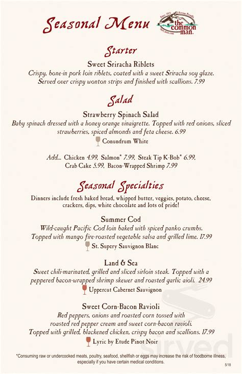 The Common Man menu in Ashland, New Hampshire, USA