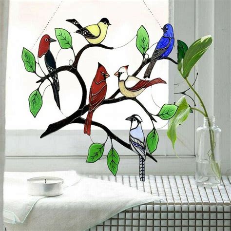 Stained Glass Birds On Branch Suncatcher Metal Window Panel Hanging