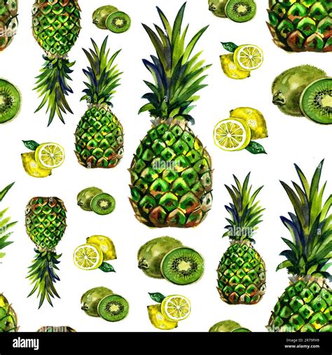 Seamless Pattern With Pineapple And Lemon Fruit With Leaves In Blue