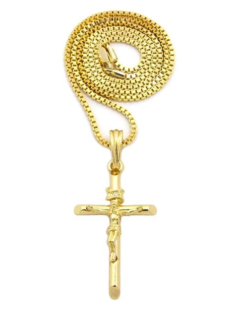 Polished INRI Crucifix Jesus Pendant With Chain Necklace 2mm 24 Gold