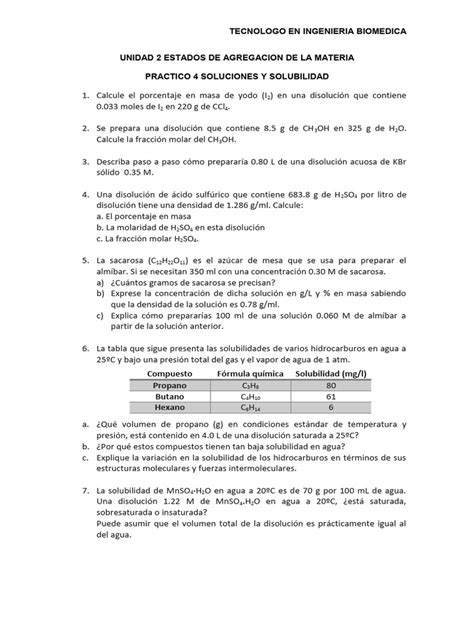 Práctico 4 Soluciones Y Solubilidad Pdf Solubilidad Concentración