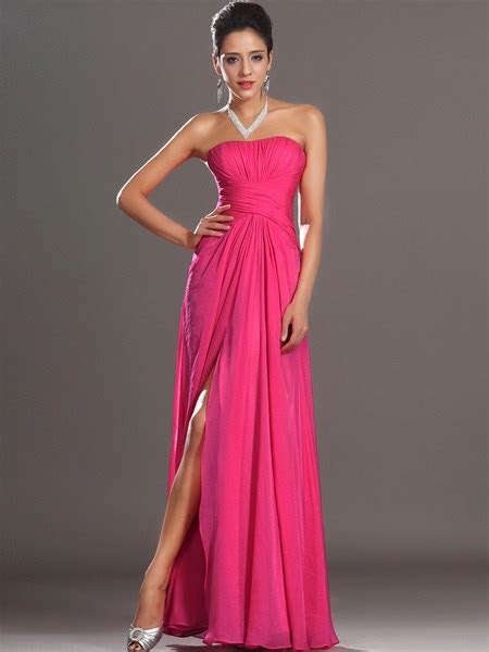 Hot Pink Strapless Chiffon Side Split Prom Dresses With Pleated Bodice