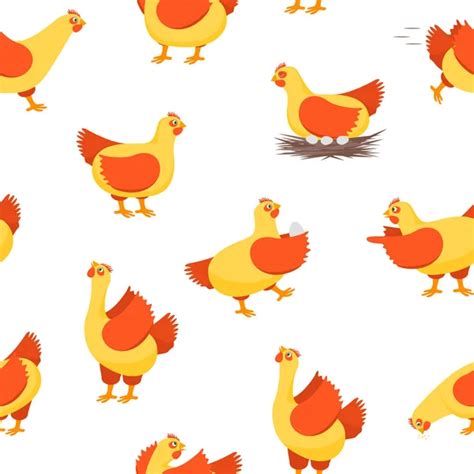 Chicken Characters In Different Poses Hen And Rooster Seamless Pattern