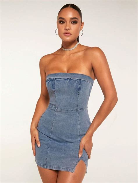 SHEIN BAE Split Hem Tube Denim Dress SHEIN USA