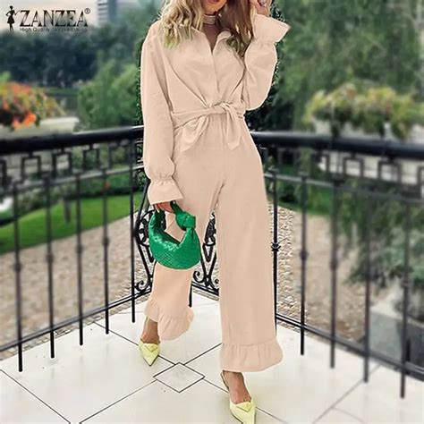 Zanzea 2pcs Women Solid Color Suits Ol Sets Spring Lapel Neck Long Sleeve Ruffles Blouse