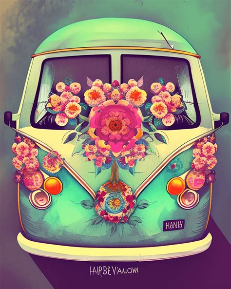 Cute Shabby Vintage Hippie Van Illustration · Creative Fabrica