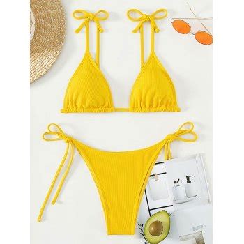 Emmiol Free Shipping Yellow Tie Strap Ribbed Bikini Set Yellow L In Bikini Sets Online
