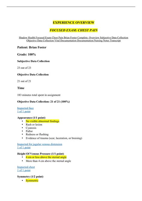 Shadow Health Focused Exam Chest Pain Brian Foster Complete Overview