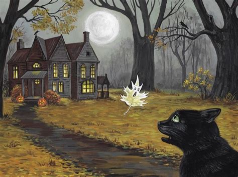 X Ghost Leaf Ryta Halloween Haunted House Black Cat Folk Art Print