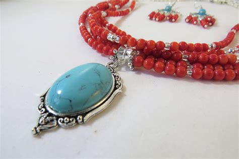 Turquoise And Red Coral Jewelry Set By Sugarnspicejewelryco On Etsy