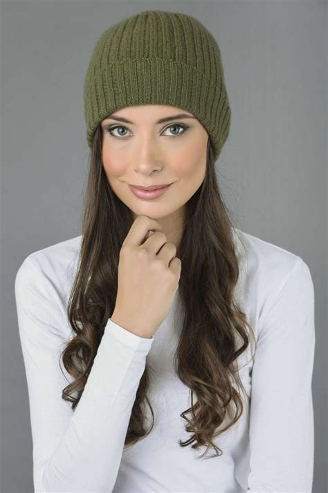 Pure Cashmere Fisherman Ribbed Beanie Hat In Loden Green Italy In