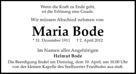 Traueranzeigen Von Maria Bode Trauer Anzeigen De