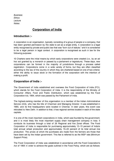 Corporation Of India Business Environment Class Lecture Notes