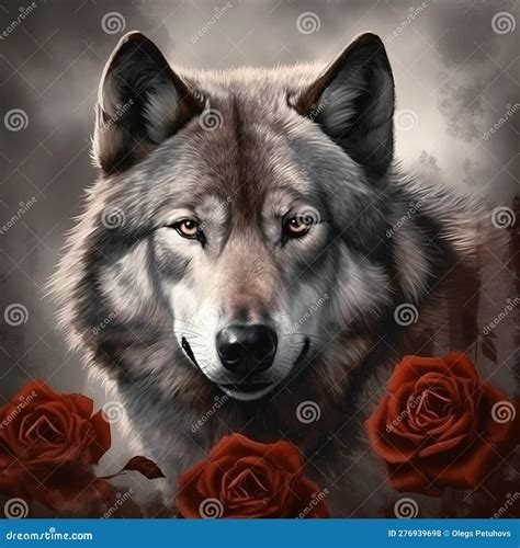 Un Cuadro De Un Lobo Con Rosas Rojas Delante De Un Fondo Oscuro Con