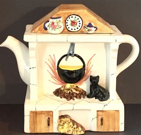 Vintage Collectible Ceramic Teapot Fireplace With Cat Hand Painted In